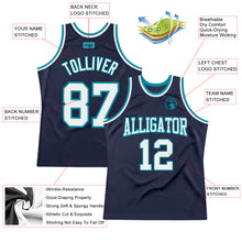Load image into Gallery viewer, Custom Navy White-Teal Authentic Throwback Basketball Jersey
