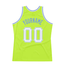 Load image into Gallery viewer, Custom Neon Green White-Light Blue Authentic Throwback Basketball Jersey
