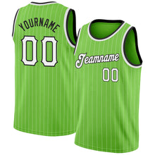Load image into Gallery viewer, Custom Neon Green White Pinstripe White-Black Authentic Basketball Jersey
