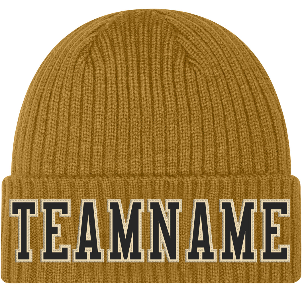 Custom Old Gold Black-Cream Stitched Cuffed Knit Hat