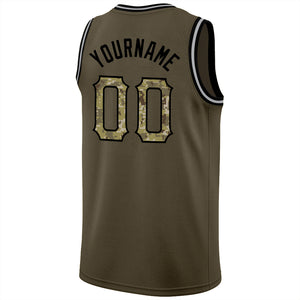 Custom Olive Camo-Black Round Neck Rib-Knit Salute To Service Basketball Jersey