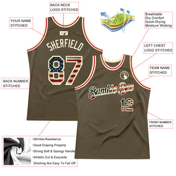Custom Olive Vintage USA Flag-Cream Authentic Throwback Salute To Service Basketball Jersey