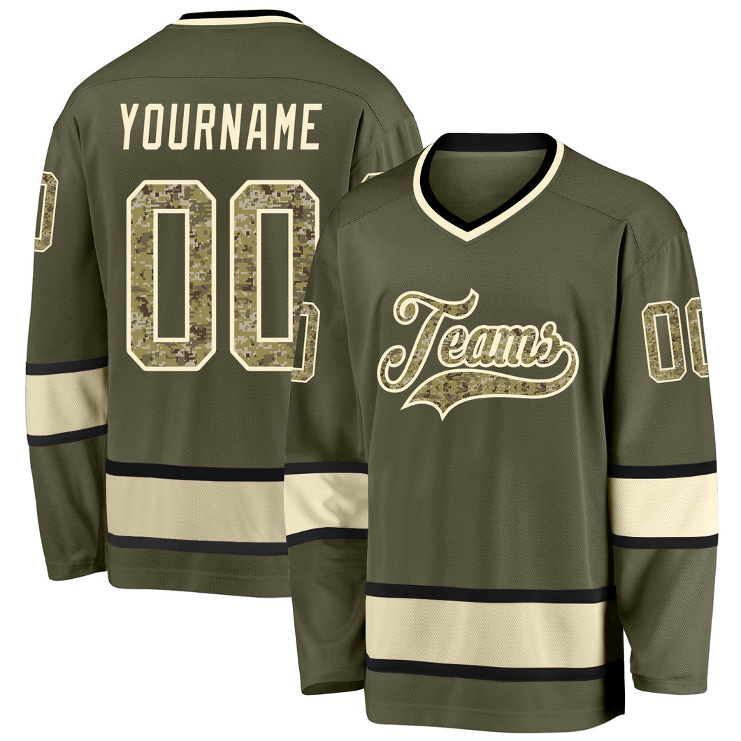 Custom Olive Camo-Cream Salute To Service Hockey Jersey