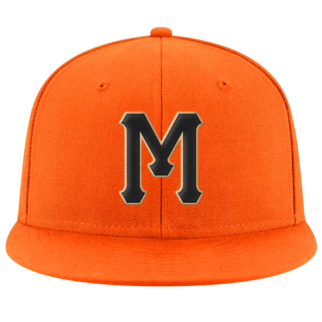 Custom Orange Black-Old Gold Stitched Adjustable Snapback Hat