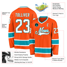 Load image into Gallery viewer, Custom Orange White-Teal Hockey Jersey
