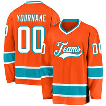 Load image into Gallery viewer, Custom Orange White-Teal Hockey Jersey

