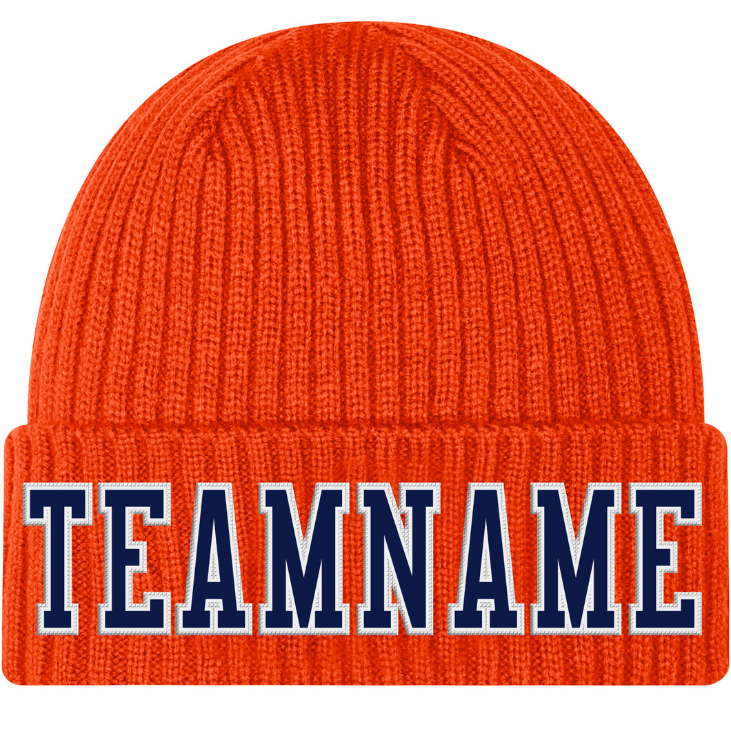 Custom Orange Navy-White Stitched Cuffed Knit Hat