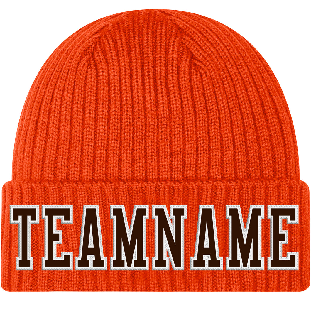 Custom Orange Brown-White Stitched Cuffed Knit Hat