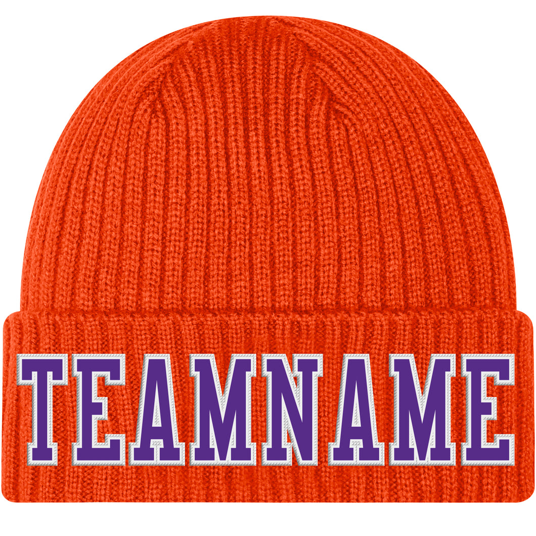 Custom Orange Purple-White Stitched Cuffed Knit Hat