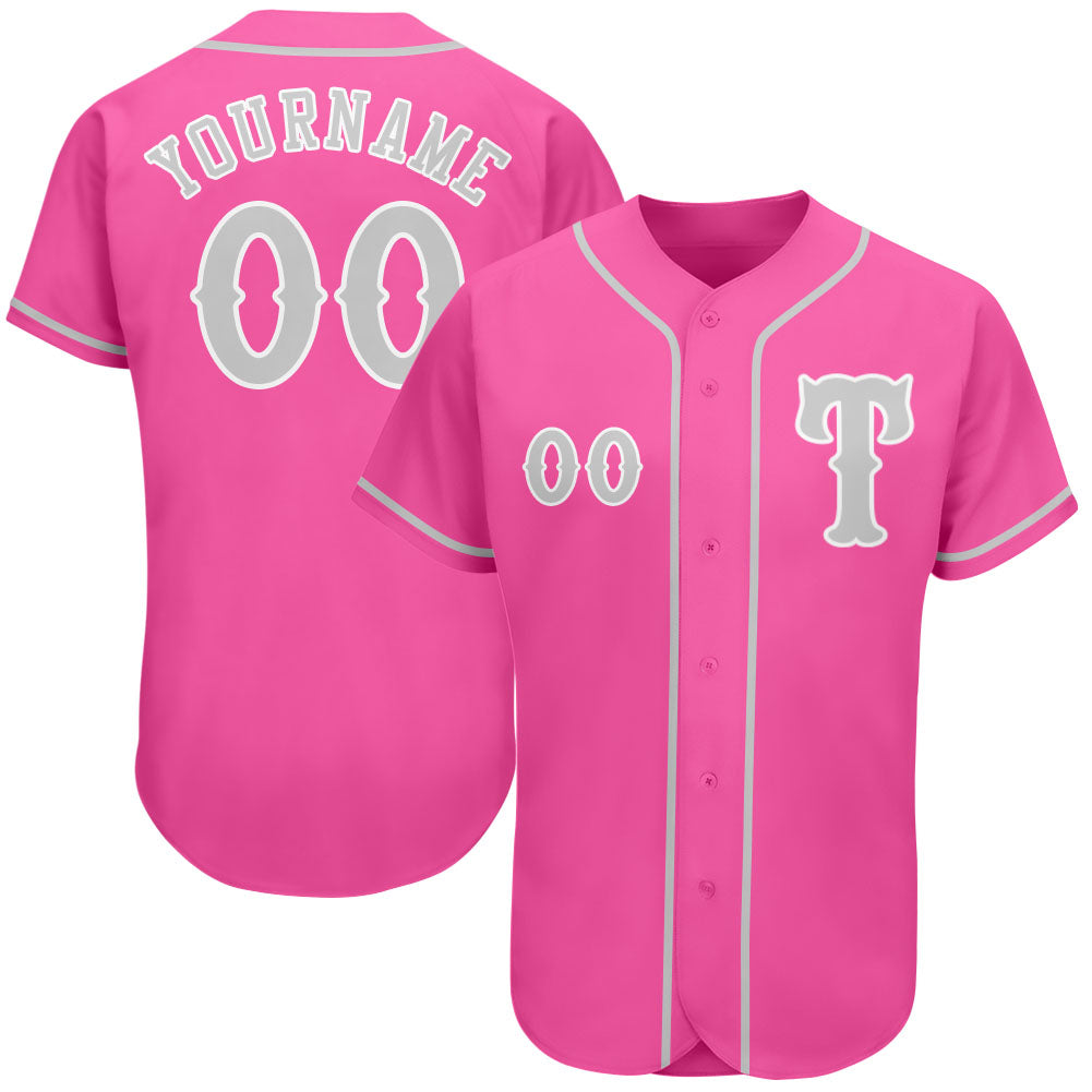 Custom Pink Gray-White Authentic Baseball Jersey