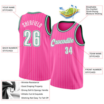Custom Pink White Pinstripe White-Kelly Green Authentic  Basketball Jersey