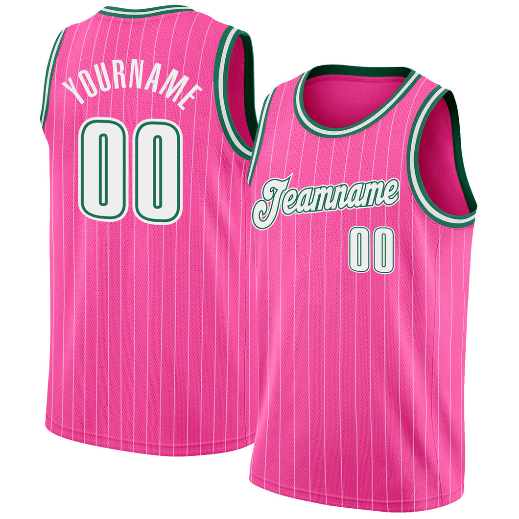 Custom Pink White Pinstripe White-Kelly Green Authentic Throwback Basketball Jersey