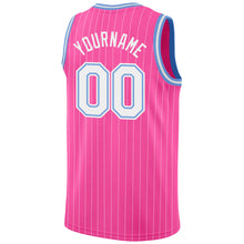 Load image into Gallery viewer, Custom Pink White Pinstripe White-Light Blue Authentic Basketball Jersey
