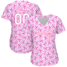 Load image into Gallery viewer, Custom Pink White 3D Pattern Design Breast Cancer Authentic Baseball Jersey
