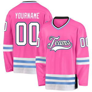 Custom Pink White-Light Blue Hockey Jersey