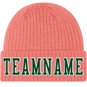 Custom Pink Green-White Stitched Cuffed Knit Hat