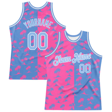 Custom Pink Light Blue-White 3D Pattern Hawaii Palm Trees Authentic Basketball Jersey