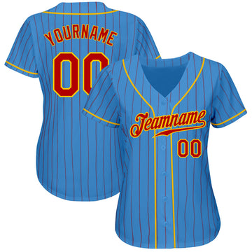 Custom Powder Blue Red Pinstripe Red-Gold Authentic Baseball Jersey