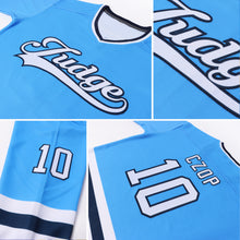 Load image into Gallery viewer, Custom Powder Blue White-Navy Hockey Jersey
