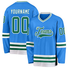 Load image into Gallery viewer, Custom Powder Blue Kelly Green-White Hockey Jersey
