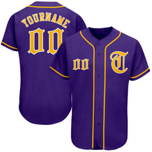 Load image into Gallery viewer, Custom Purple Gold-White Authentic Baseball Jersey
