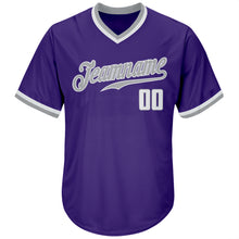 Load image into Gallery viewer, Custom Purple White-Gray Authentic Throwback Rib-Knit Baseball Jersey Shirt
