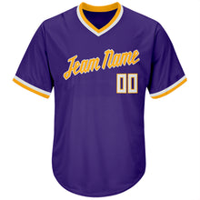 Load image into Gallery viewer, Custom Purple White-Gold Authentic Throwback Rib-Knit Baseball Jersey Shirt
