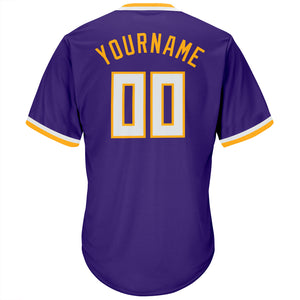 Custom Purple White-Gold Authentic Throwback Rib-Knit Baseball Jersey Shirt