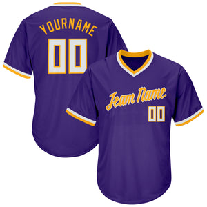 Custom Purple White-Gold Authentic Throwback Rib-Knit Baseball Jersey Shirt