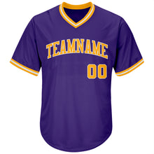 Load image into Gallery viewer, Custom Purple Gold-White Authentic Throwback Rib-Knit Baseball Jersey Shirt
