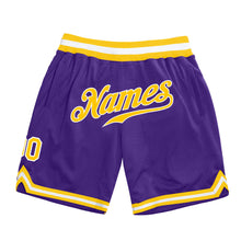 Load image into Gallery viewer, Custom Purple Gold-White Authentic Throwback Basketball Shorts
