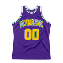 Load image into Gallery viewer, Custom Purple Gold-Kelly Green Authentic Throwback Basketball Jersey

