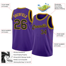 Load image into Gallery viewer, Custom Purple Black Pinstripe Black-Gold Authentic Throwback Basketball Jersey
