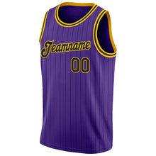 Load image into Gallery viewer, Custom Purple Black Pinstripe Black-Gold Authentic Throwback Basketball Jersey
