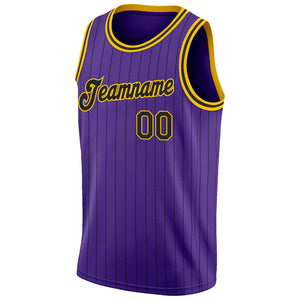 Custom Purple Black Pinstripe Black-Gold Authentic Throwback Basketball Jersey