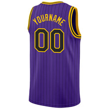 Load image into Gallery viewer, Custom Purple Black Pinstripe Black-Gold Authentic Throwback Basketball Jersey

