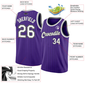 Custom Purple Black Pinstripe White-Gray Authentic Basketball Jersey