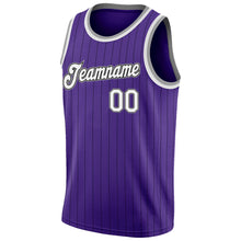 Load image into Gallery viewer, Custom Purple Black Pinstripe White-Gray Authentic Basketball Jersey
