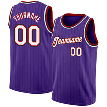 Load image into Gallery viewer, Custom Purple Black Pinstripe White-Red Authentic Basketball Jersey
