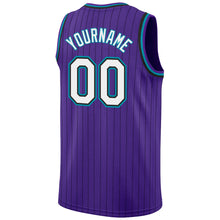 Load image into Gallery viewer, Custom Purple Black Pinstripe White-Teal Authentic Basketball Jersey

