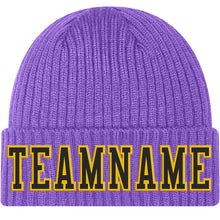 Load image into Gallery viewer, Custom Purple Black-Gold Stitched Cuffed Knit Hat
