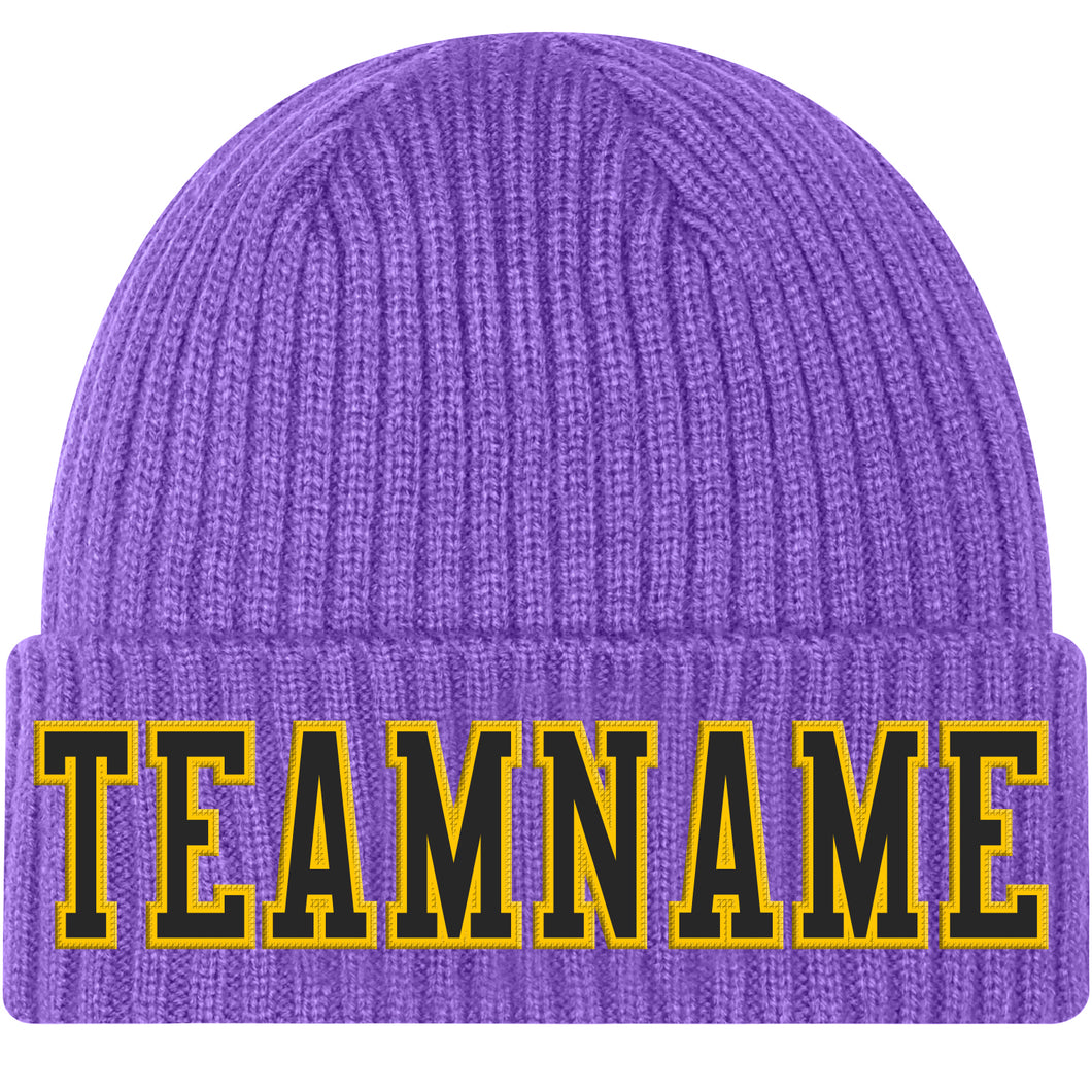 Custom Purple Black-Gold Stitched Cuffed Knit Hat