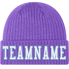 Load image into Gallery viewer, Custom Purple White-Light Blue Stitched Cuffed Knit Hat
