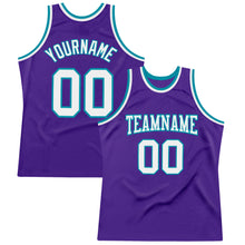 Load image into Gallery viewer, Custom Purple White-Teal Authentic Throwback Basketball Jersey
