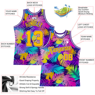 Custom Purple Gold-White 3D Pattern Design Tropical Plants Authentic Basketball Jersey