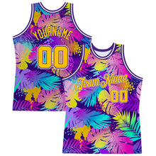 Load image into Gallery viewer, Custom Purple Gold-White 3D Pattern Tropical Hawaii Plants Authentic Basketball Jersey
