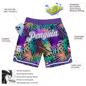 Custom Purple White-Purple 3D Pattern Design Tropical Palm Leaves Authentic Basketball Shorts
