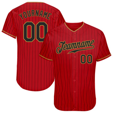 Custom Red Black Pinstripe Black-Old Gold Authentic Baseball Jersey