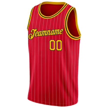 Load image into Gallery viewer, Custom Red Gold Pinstripe Gold-Black Authentic Throwback Basketball Jersey
