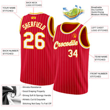 Load image into Gallery viewer, Custom Red White Pinstripe White-Gold Authentic Basketball Jersey
